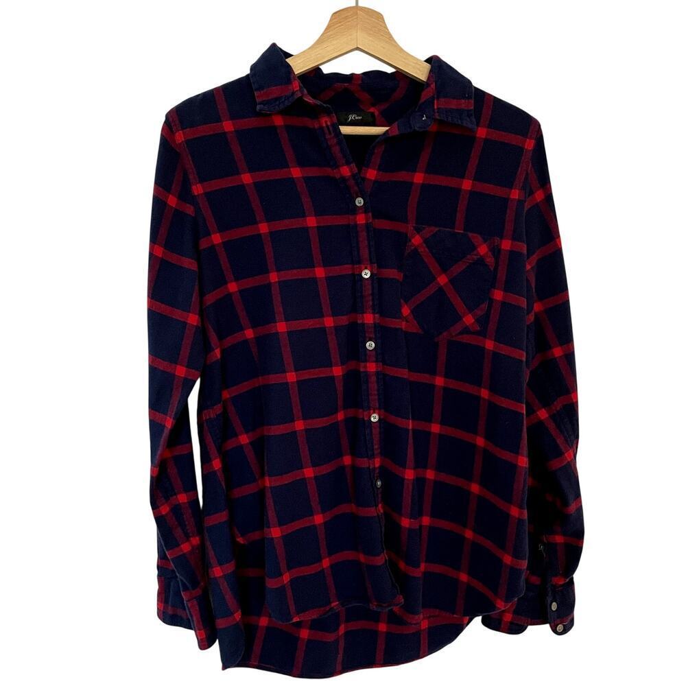 J.Crew classic navy red checkered button down top women's size 12 cotton preppy